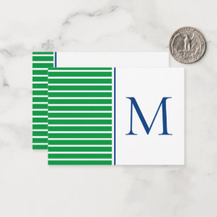 Green and White Stripe With Navy Blue Monogram Card