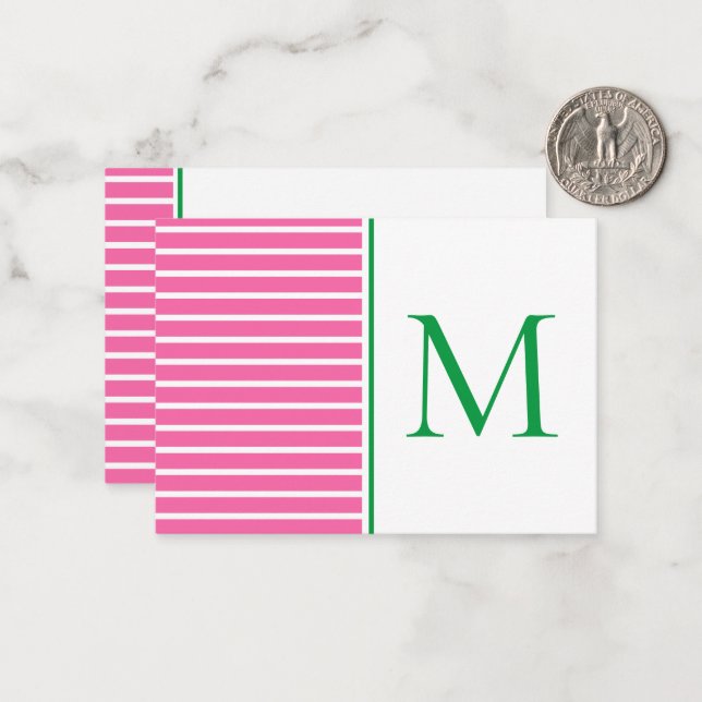 Green and White Stripe With Navy Blue Monogram Card (Front/Back In Situ)