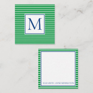 Green and White Stripe With Navy Blue Monogram Card