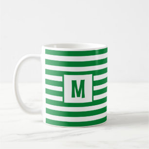 Green and White Striped Design Single Initial Coffee Mug