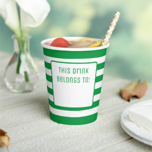 Green and White Striped "This Drink Belongs To" Paper Cups