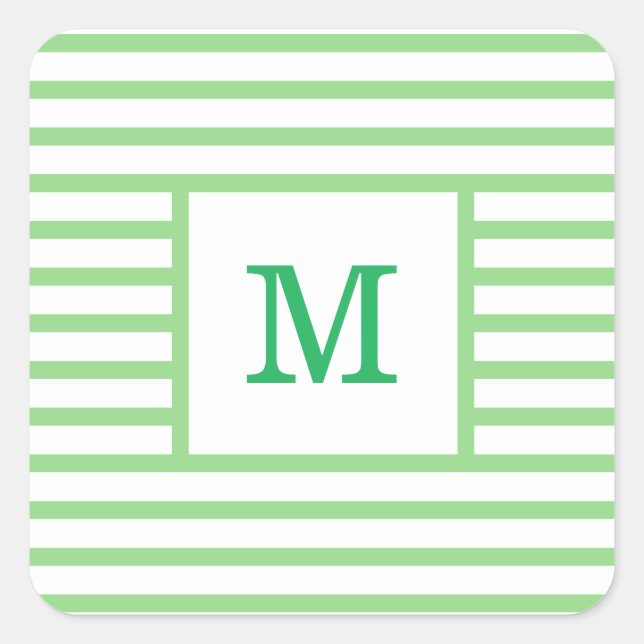 Green and White Stripes Custom Monogram Square Sticker (Front)