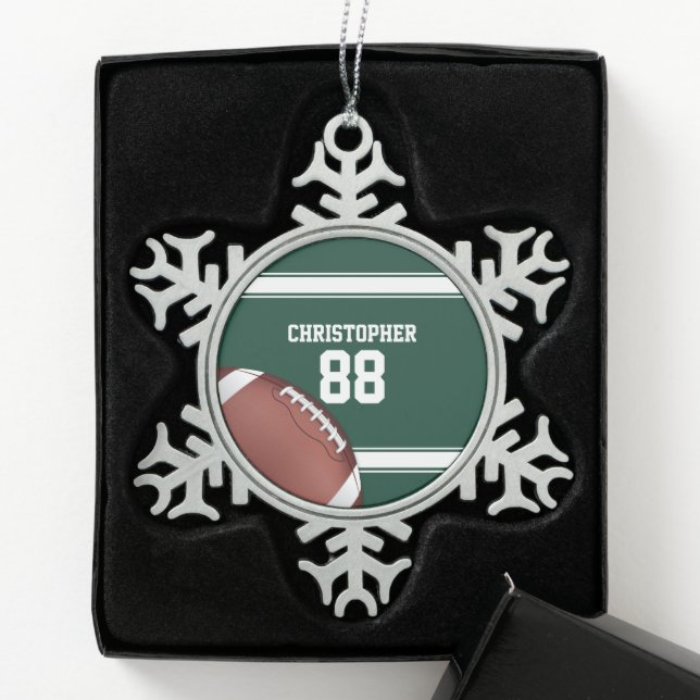 Green and White Stripes Jersey Grid Iron Football Snowflake Pewter Christmas Ornament (Box)