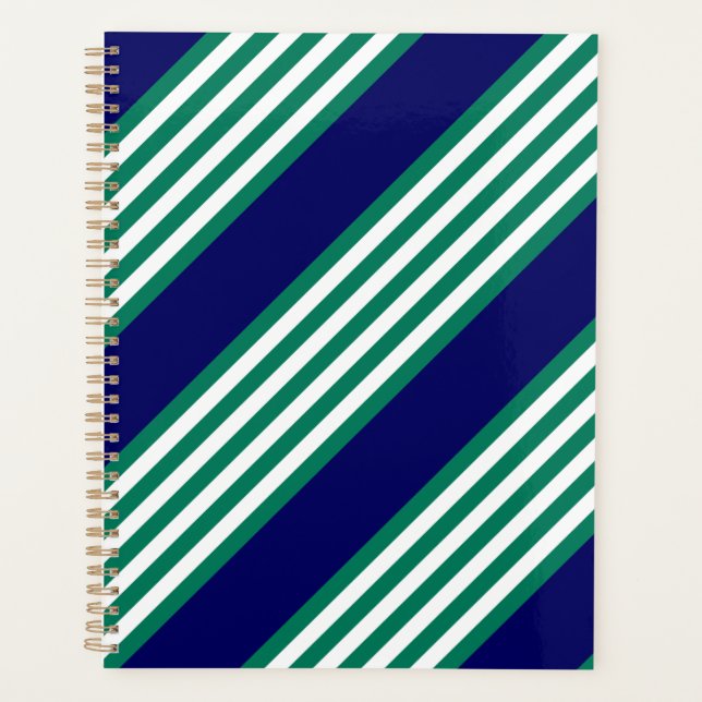 Green and white stripes pattern with navy blue planner (Front)