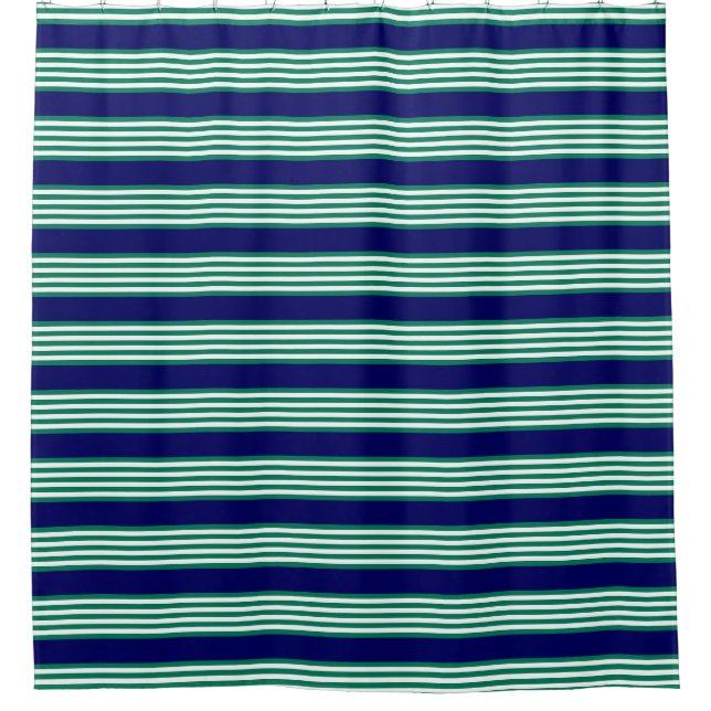 Green and white stripes pattern with navy blue shower curtain (Front)