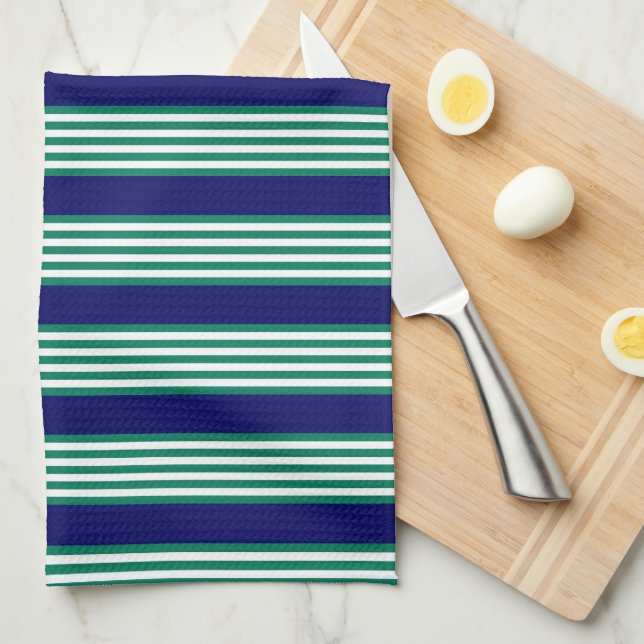 Green and white stripes pattern with navy blue tea towel (Quarter Fold)