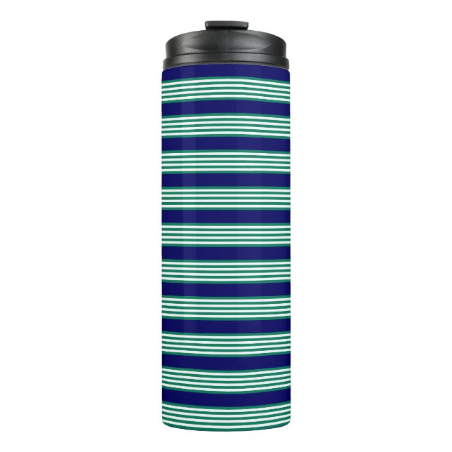 Green and white stripes pattern with navy blue thermal tumbler (Front)