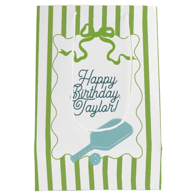 Green and White Stripes Pickleball Personalised Medium Gift Bag (Back)