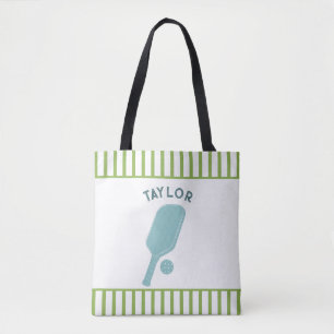 Green and White Stripes Pickleball Personalised Tote Bag