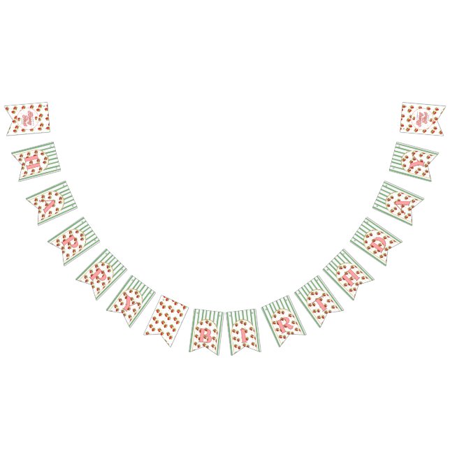 Green and White Stripes Strawberry Happy Birthday Bunting (All)