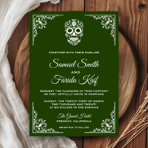 Green and White Sugar Skull Wedding Invitation