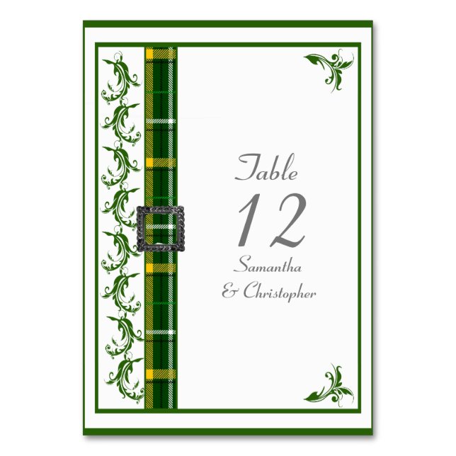 Green and white tartan custom table number (Front)