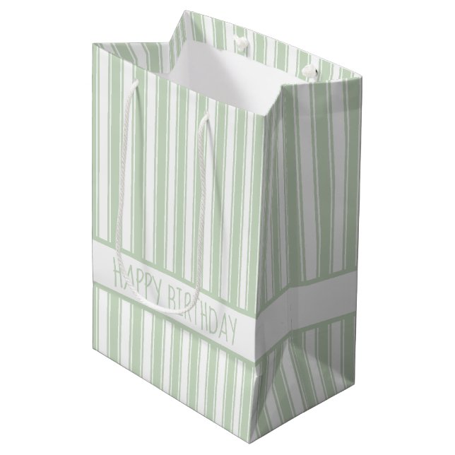Green and White Ticking Stripe Personalised Medium Gift Bag (Front Angled)