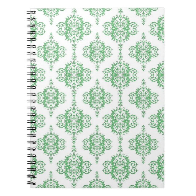 Green and White Victorian Style Damask Spiral Notebook (Front)