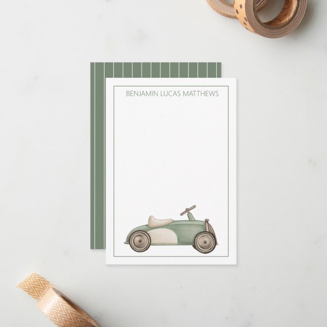 Green and White Vintage Toy Car Personalised Card (Front/Back In Situ)