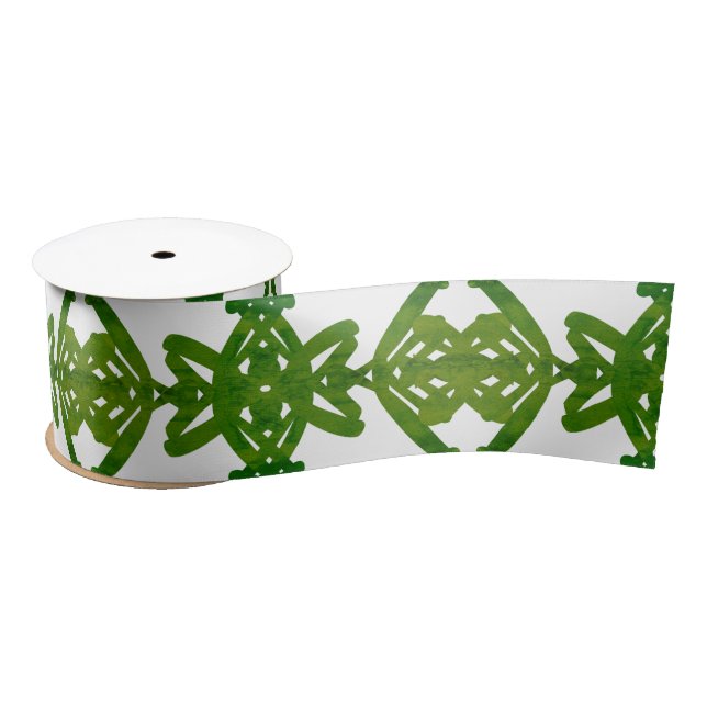 Green and White Watercolor Brush Swirl Pattern Satin Ribbon (Spool)