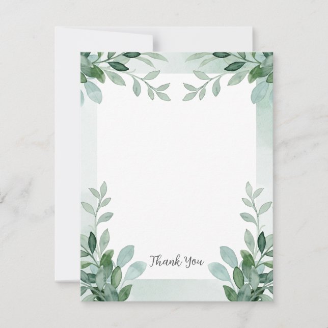 Green and white watercolor floral  thank you card (Front)