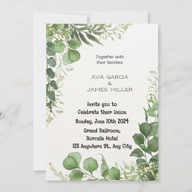 Green and white wedding invitation with floral  (Front)