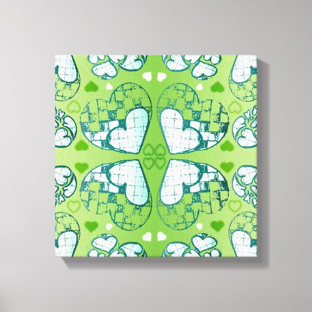 Green and white Whimsical Romantic Hearts pattern Canvas Print (Front)