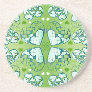 Green and white Whimsical Romantic Hearts pattern Coaster