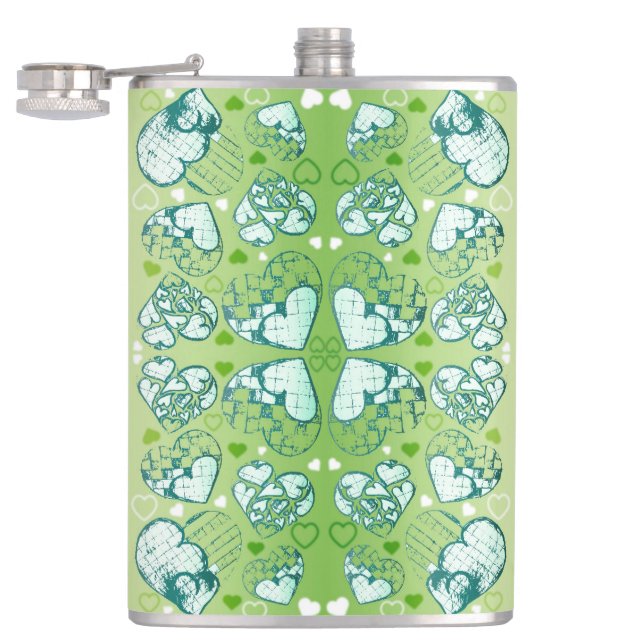 Green and white Whimsical Romantic Hearts pattern Hip Flask (Opened)