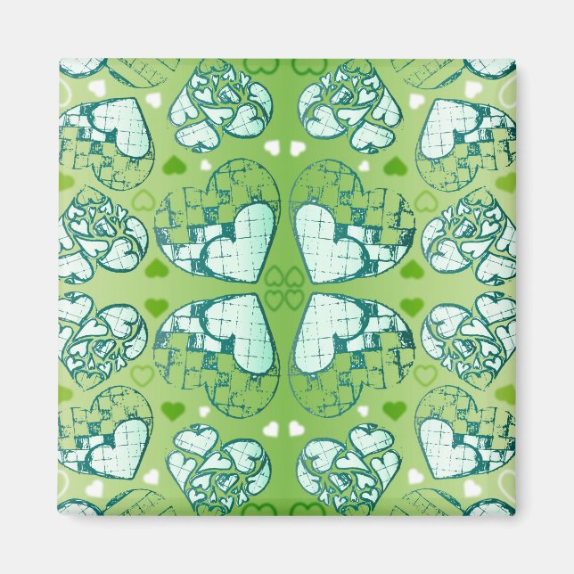 Green and white Whimsical Romantic Hearts pattern Magnet (Front)