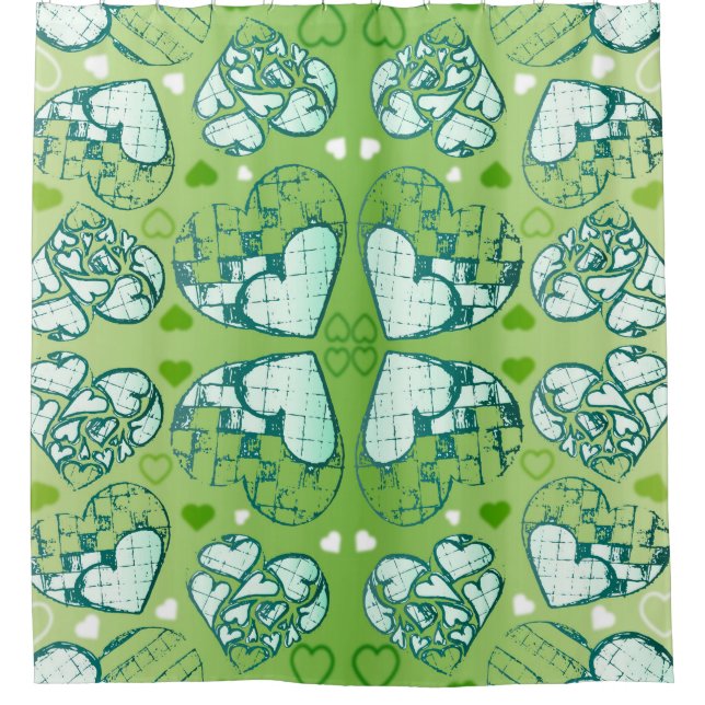 Green and white Whimsical Romantic Hearts pattern Shower Curtain (Front)