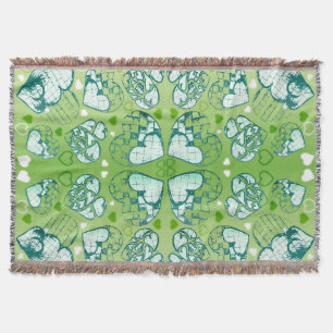 Green and white Whimsical Romantic Hearts pattern Throw Blanket