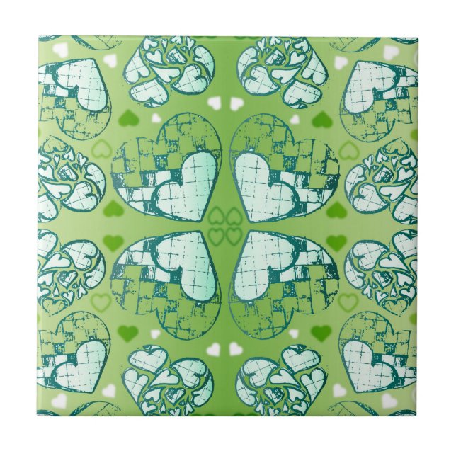Green and white Whimsical Romantic Hearts pattern Tile (Front)