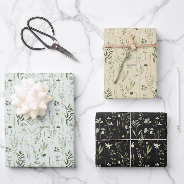 Green and White Wildflowers  Wrapping Paper Sheet (Front)