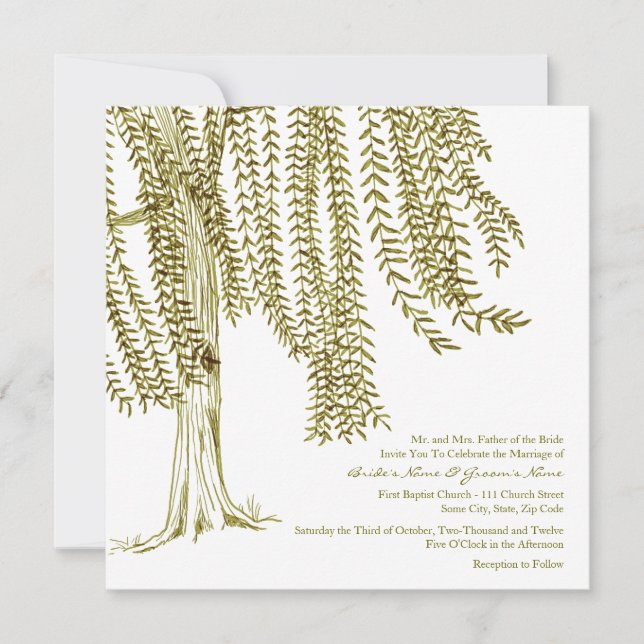 Green and White Willow Tree Wedding Invitation (Front)