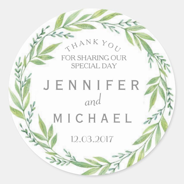 Green and White wreath thank you wedding Sticker (Front)