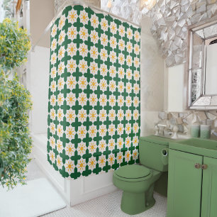 Green and white Yellow Flower Pattern Shower Curtain