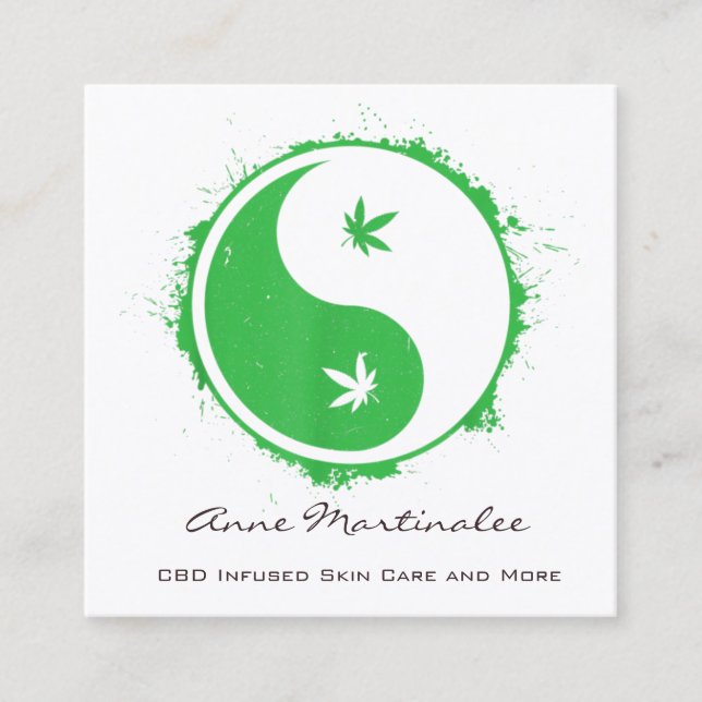  Green and White Yin Yang Leaf  Square Business Card (Front)