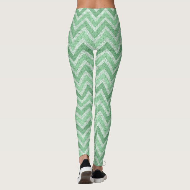 Green And White Zigzag Chevron Leggings (Back)