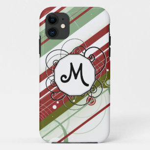Green and Wine Modern-Retro Stripes with Monogram iPhone 11 Case