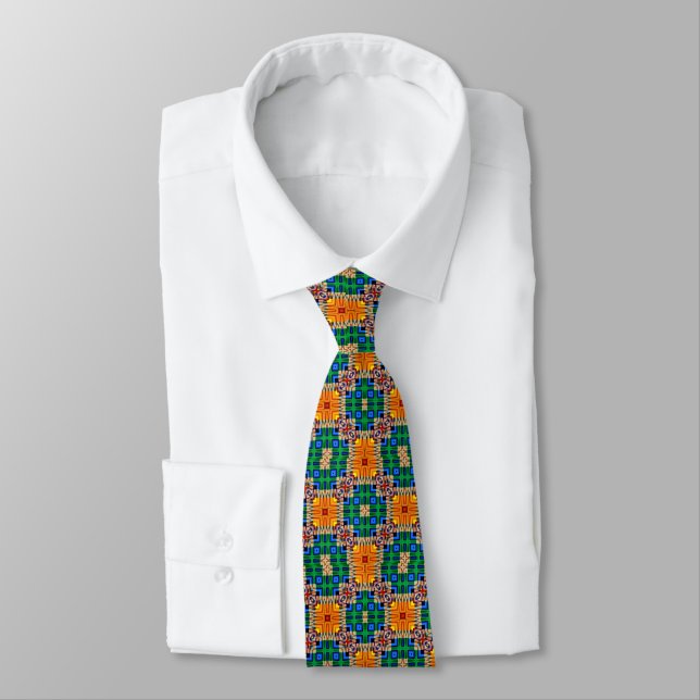 Green and Yellow Abstract Neck Tie (Tied)