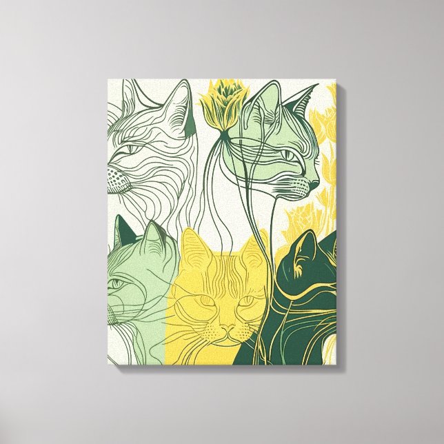 Green and Yellow "Boho Cats" Abstract Vector Canvas Print (Front)