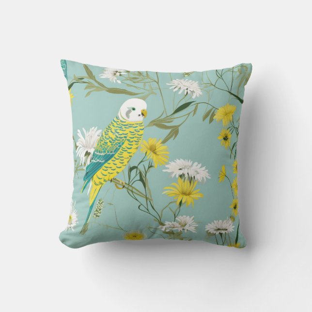 Green and Yellow Budgerigar Cushion (Front)