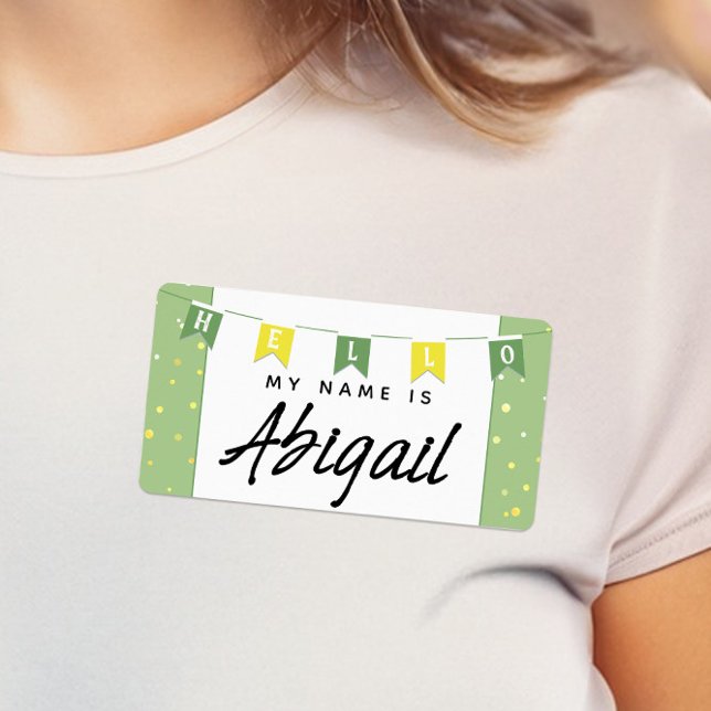 Green and Yellow Cute Hello My Name Is Sticker (Fun Children's Party / Baby Shower Green and Yellow Bunting Banner Name Tags)