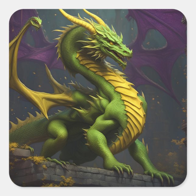Green and Yellow Dragon Square Sticker (Front)
