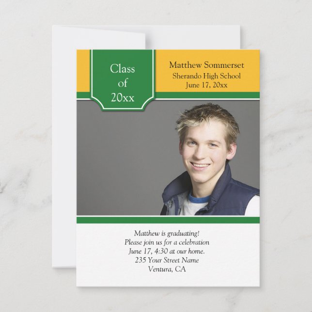 Green and Yellow Gold Photo Graduation Invitation (Front)