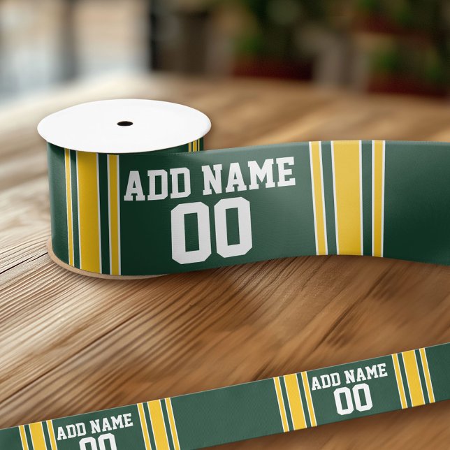 Green and Yellow Gold Striped Personalised Sports Satin Ribbon (Custom Ribbon - Personalize with your text)