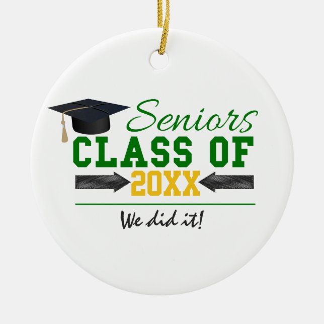 Green and Yellow Graduation Gear Ceramic Tree Decoration (Front)