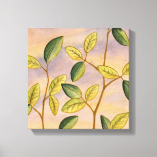 Green and Yellow Leaves on Sunset Background Canvas Print
