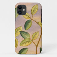 Green and Yellow Leaves on Sunset Background