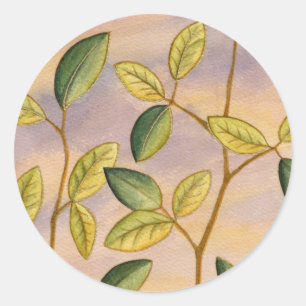 Green and Yellow Leaves on Sunset Background Classic Round Sticker