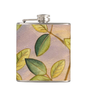 Green and Yellow Leaves on Sunset Background Hip Flask