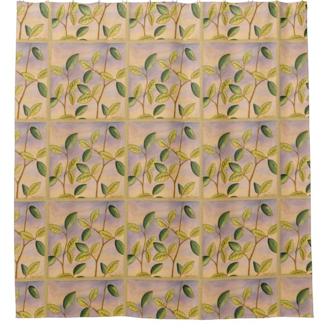 Green and Yellow Leaves on Sunset Background Shower Curtain (Front)