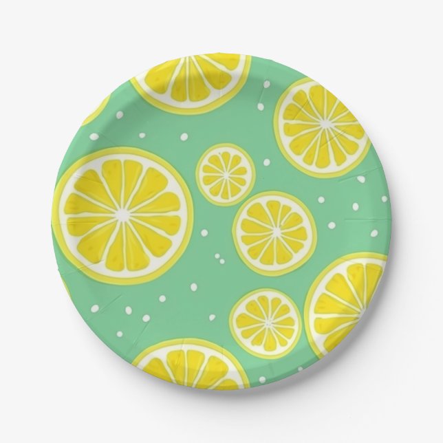 Green and Yellow Lemon Slice Pattern Paper Plate (Front)